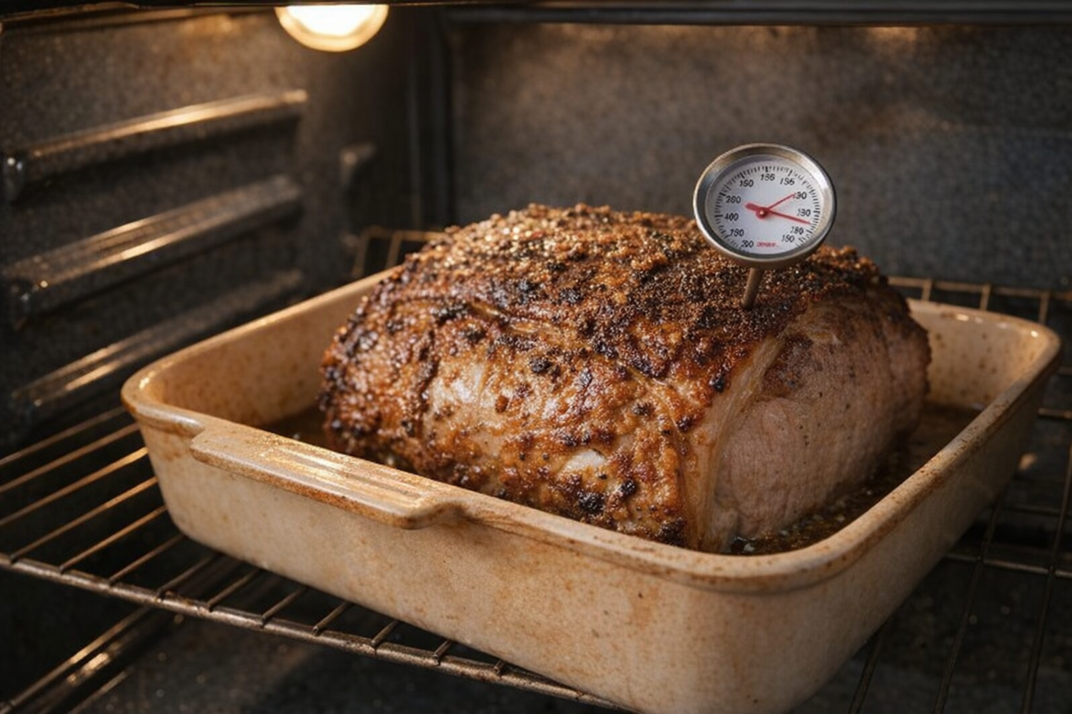 A pork loin roast in a roasting pan in the oven, golden brown crust, visible thermometer inserted, bright oven light